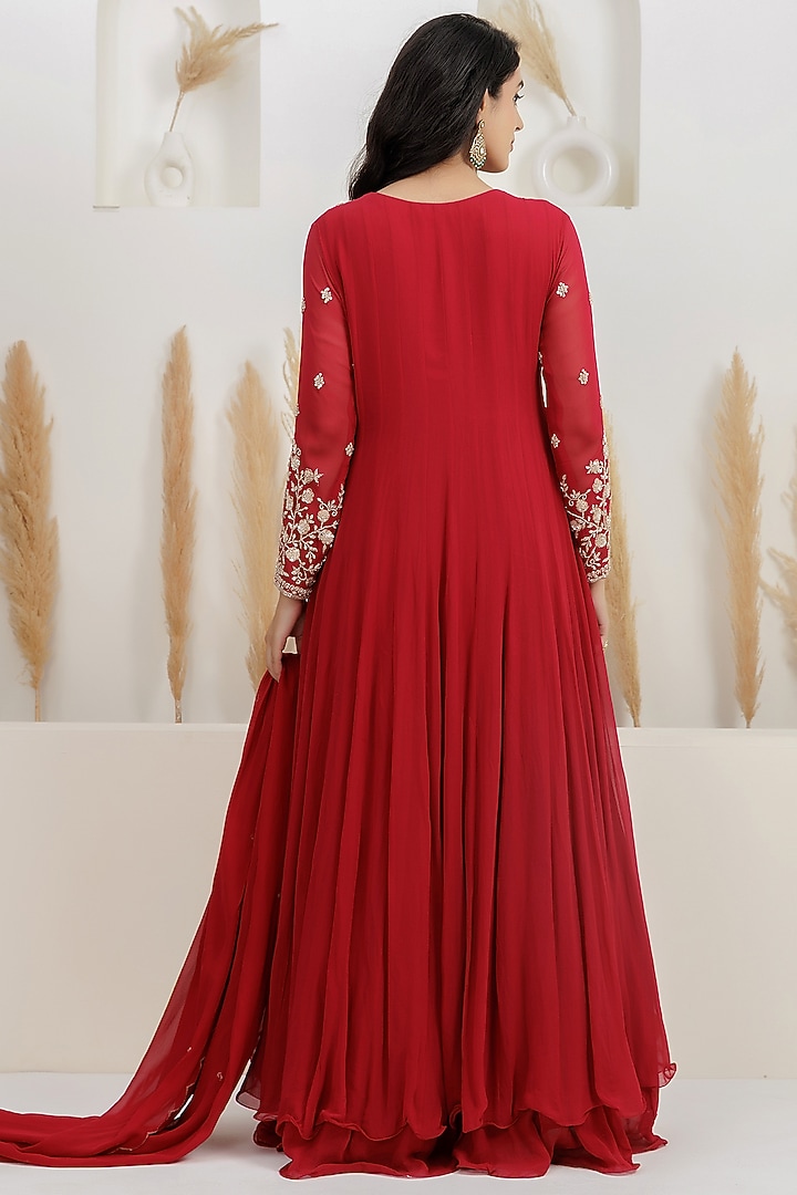 Dark Scarlet Red Georgette Cutdana Embroidered Layered Wedding Anarkali Set by Baidehi at Pernia's Pop Up Shop