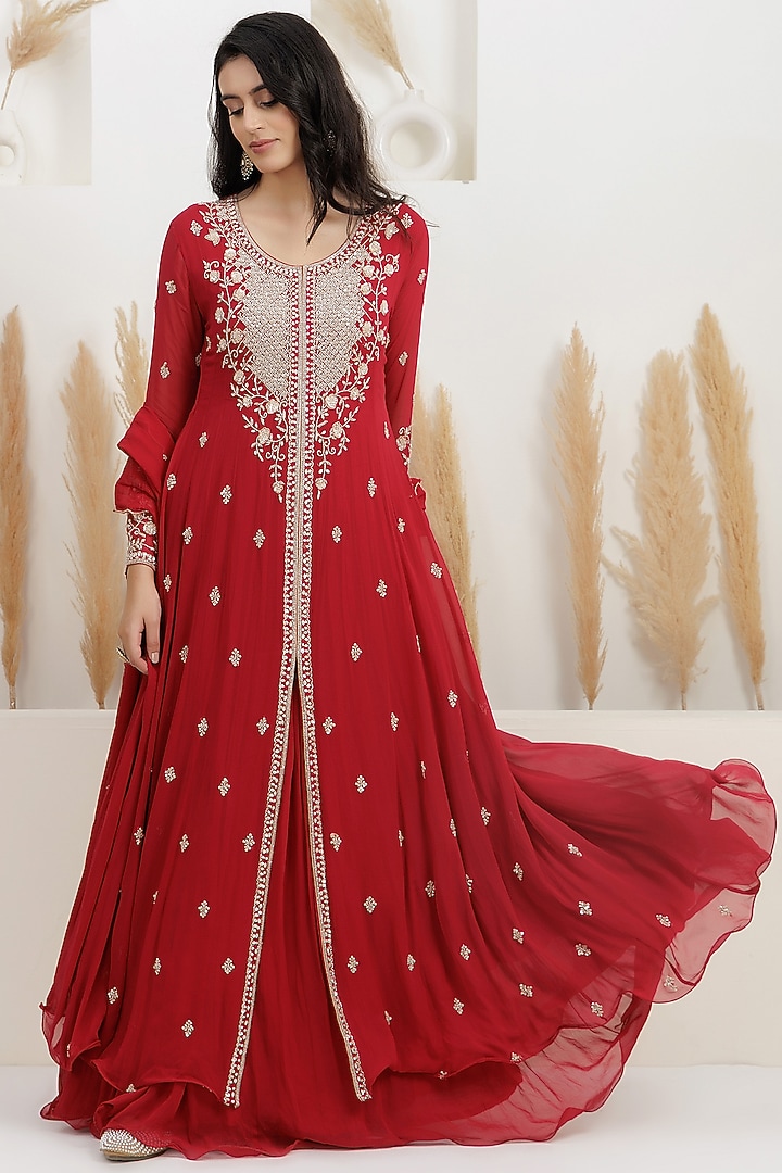 Dark Scarlet Red Georgette Cutdana Embroidered Layered Wedding Anarkali Set by Baidehi at Pernia's Pop Up Shop