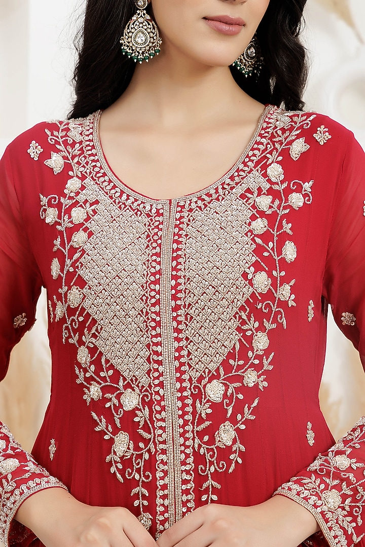 Dark Scarlet Red Georgette Cutdana Embroidered Layered Wedding Anarkali Set by Baidehi at Pernia's Pop Up Shop