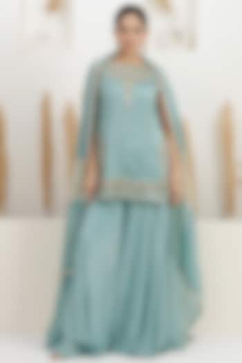Pale Turquoise Georgette Wedding Sharara Set by Baidehi at Pernia's Pop Up Shop
