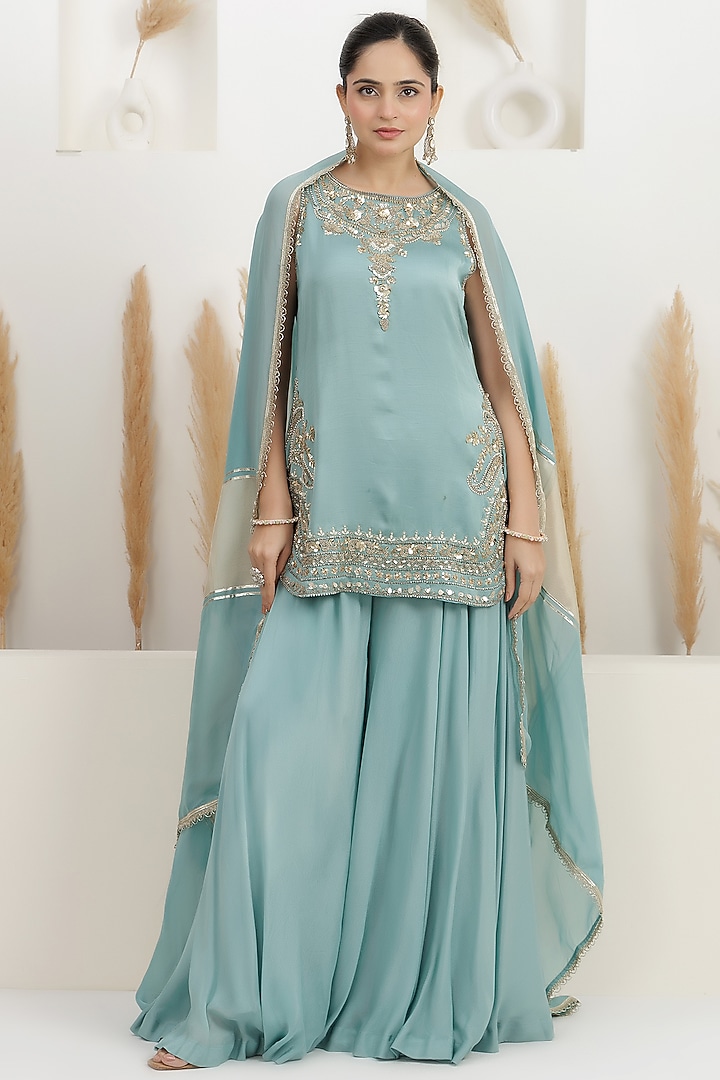 Pale Turquoise Georgette Wedding Sharara Set by Baidehi at Pernia's Pop Up Shop