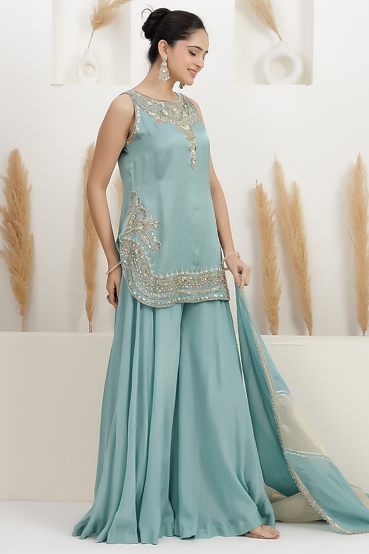 Pale Turquoise Georgette Wedding Sharara Set by Baidehi at Pernia's Pop Up Shop