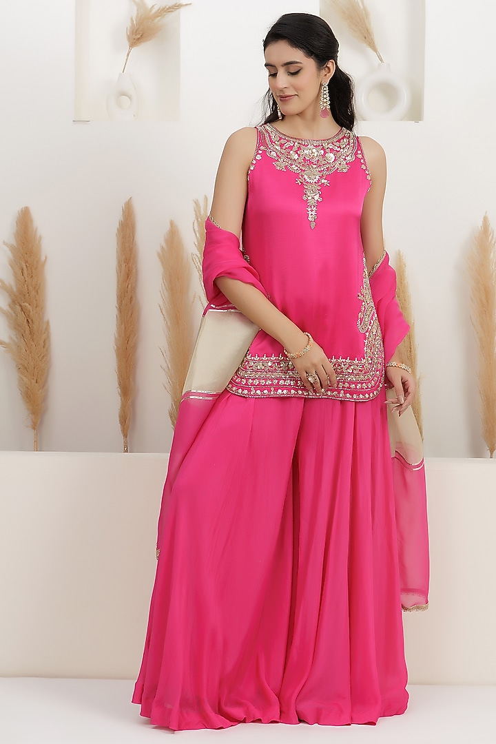 Fuchsia Pink Georgette Wedding Sharara Set by Baidehi at Pernia's Pop Up Shop