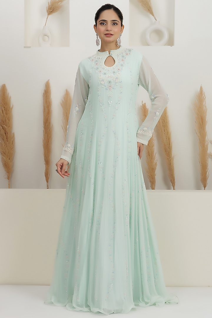 Ice Blue Georgette Sequins Embroidered Party Wear Gown by Baidehi at Pernia's Pop Up Shop