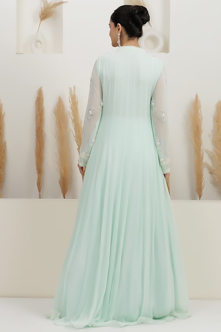 Ice Blue Georgette Sequins Embroidered Party Wear Gown by Baidehi at Pernia's Pop Up Shop