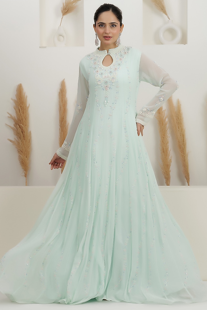 Ice Blue Georgette Sequins Embroidered Party Wear Gown by Baidehi at Pernia's Pop Up Shop