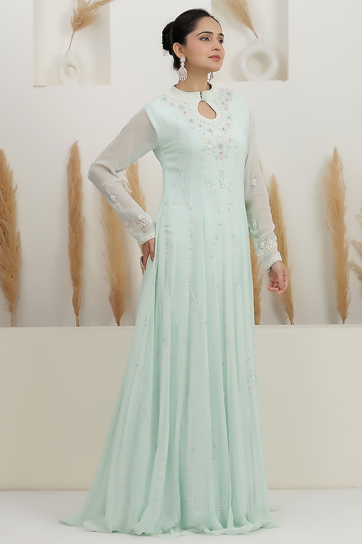 Ice Blue Georgette Sequins Embroidered Party Wear Gown by Baidehi at Pernia's Pop Up Shop
