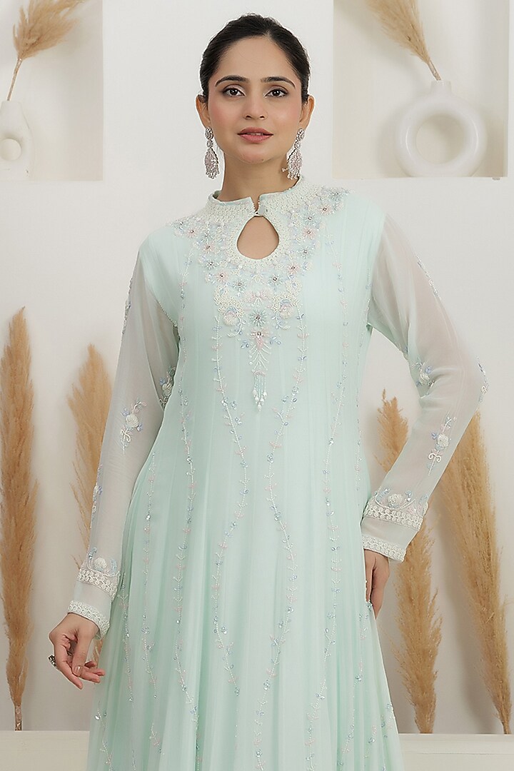 Ice Blue Georgette Sequins Embroidered Party Wear Gown by Baidehi at Pernia's Pop Up Shop