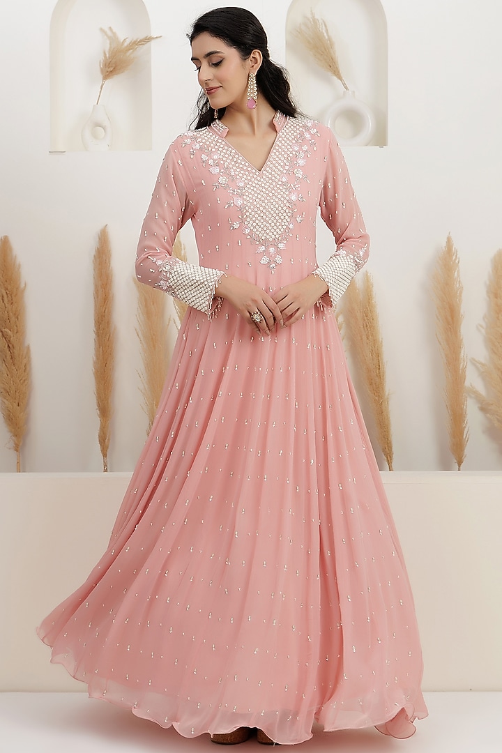 Peach Georgette Sequins Embroidered Party Wear Gown by Baidehi at Pernia's Pop Up Shop