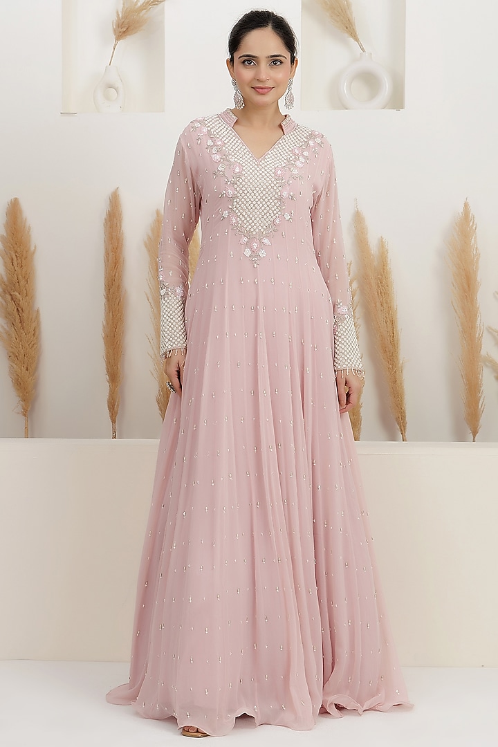 Pale Pink Georgette Sequins Embroidered Party Wear Gown by Baidehi at Pernia's Pop Up Shop