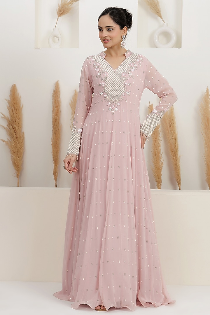 Pale Pink Georgette Sequins Embroidered Party Wear Gown by Baidehi at Pernia's Pop Up Shop