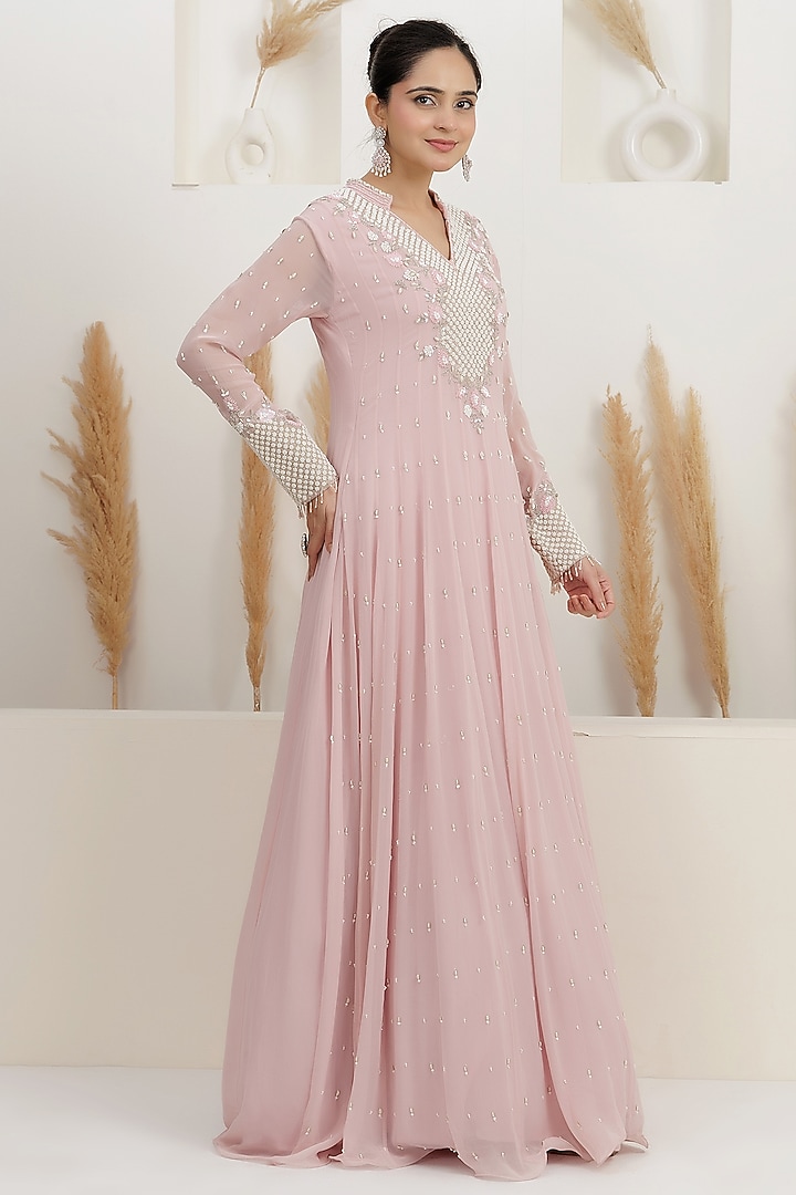 Pale Pink Georgette Sequins Embroidered Party Wear Gown by Baidehi at Pernia's Pop Up Shop