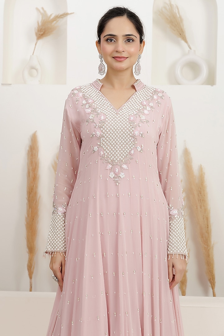Pale Pink Georgette Sequins Embroidered Party Wear Gown by Baidehi at Pernia's Pop Up Shop