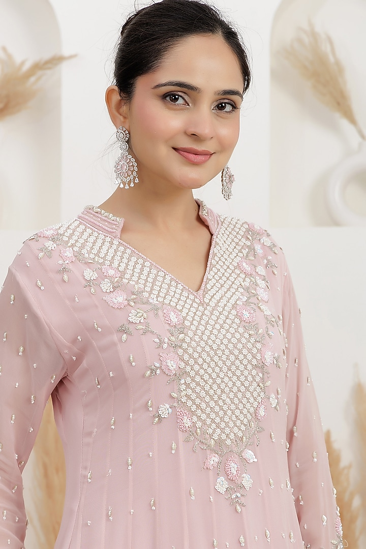 Pale Pink Georgette Sequins Embroidered Party Wear Gown by Baidehi at Pernia's Pop Up Shop