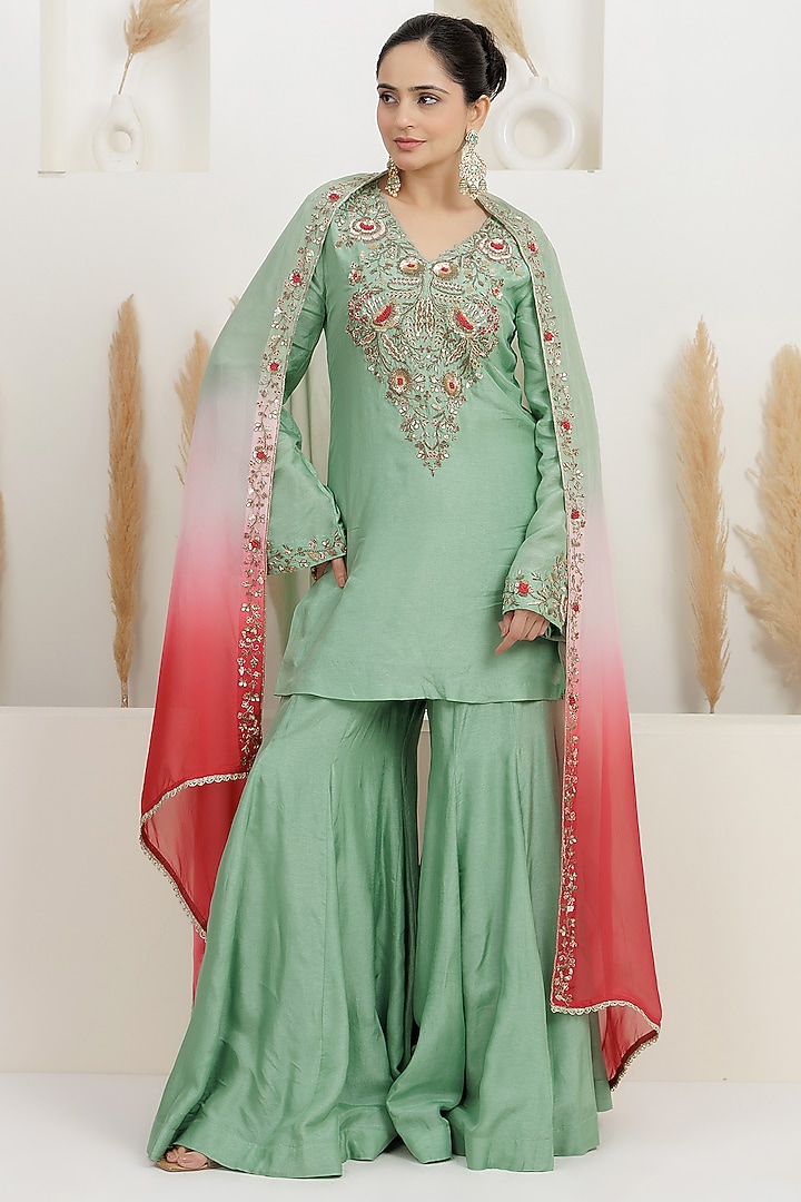  Mint Green Bemberg Silk Wedding Sharara Set  by Baidehi at Pernia's Pop Up Shop
