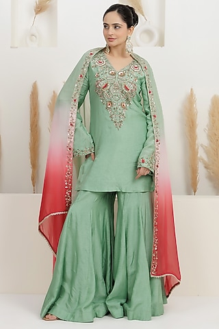  Mint Green Bemberg Silk Sharara Set  by Baidehi