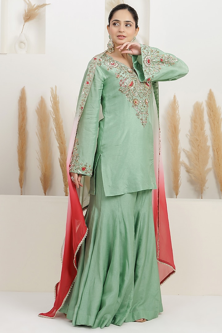  Mint Green Bemberg Silk Wedding Sharara Set  by Baidehi at Pernia's Pop Up Shop