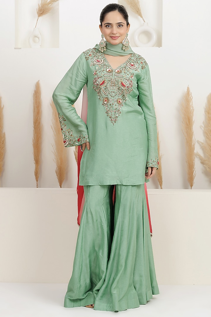  Mint Green Bemberg Silk Wedding Sharara Set  by Baidehi at Pernia's Pop Up Shop