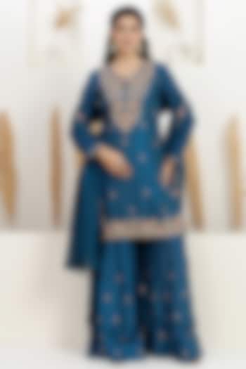 Cobalt Blue Bemberg Silk Wedding Sharara Set by Baidehi at Pernia's Pop Up Shop