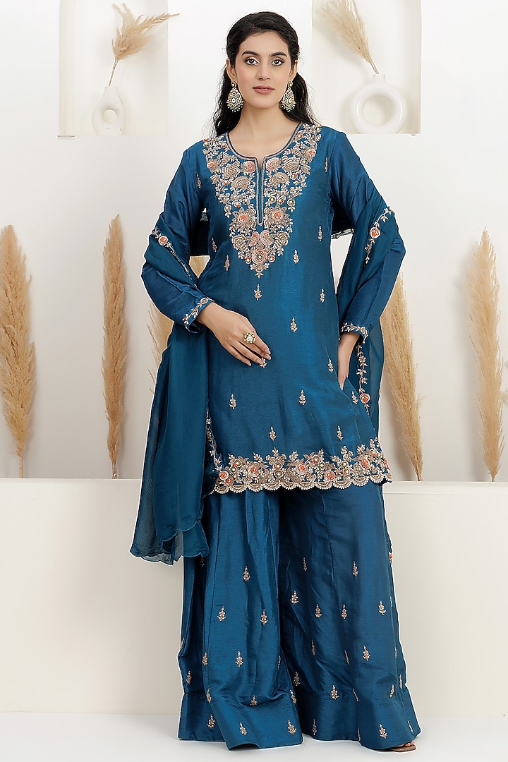 Cobalt Blue Bemberg Silk Wedding Sharara Set by Baidehi at Pernia's Pop Up Shop
