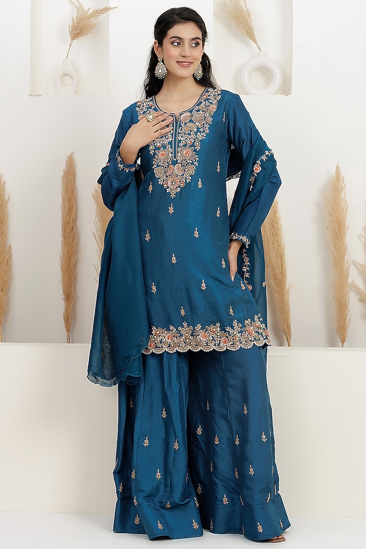 Cobalt Blue Bemberg Silk Wedding Sharara Set by Baidehi at Pernia's Pop Up Shop