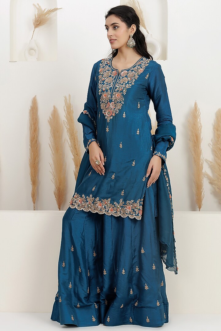 Cobalt Blue Bemberg Silk Wedding Sharara Set by Baidehi at Pernia's Pop Up Shop