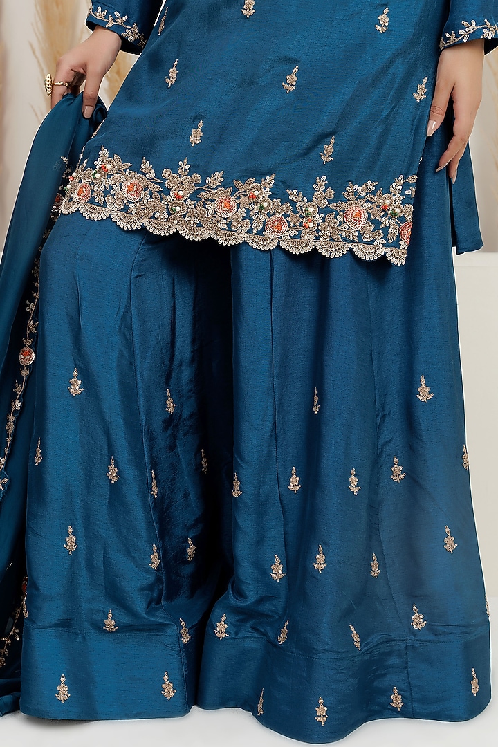 Cobalt Blue Bemberg Silk Wedding Sharara Set by Baidehi at Pernia's Pop Up Shop