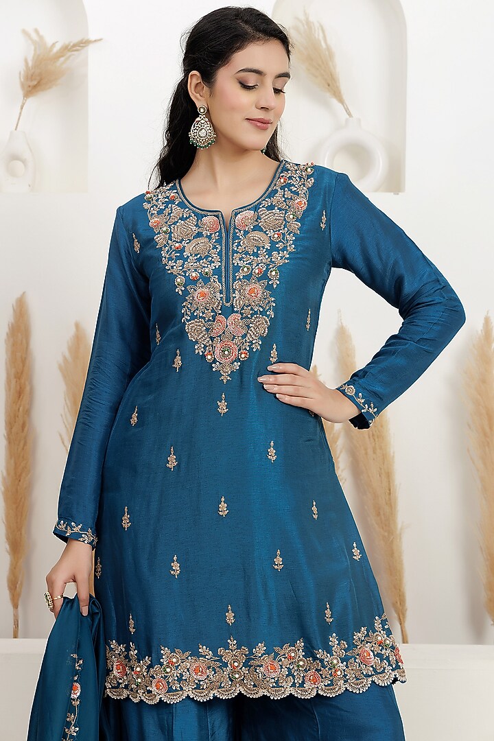 Cobalt Blue Bemberg Silk Wedding Sharara Set by Baidehi at Pernia's Pop Up Shop
