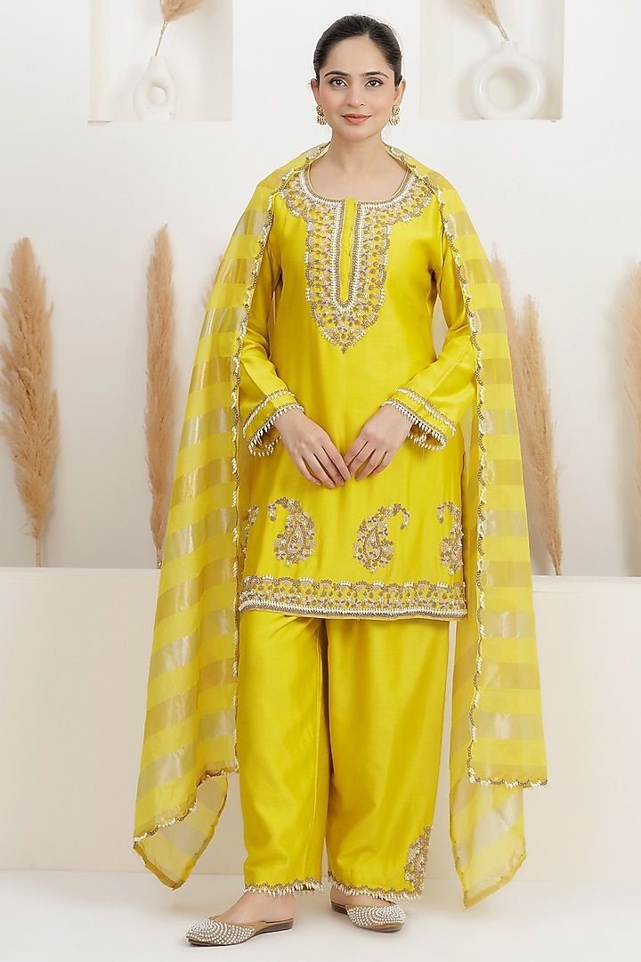 Mustard Yellow Chanderi Silk Sequins Embroidered Kurta Set by Baidehi at Pernia's Pop Up Shop