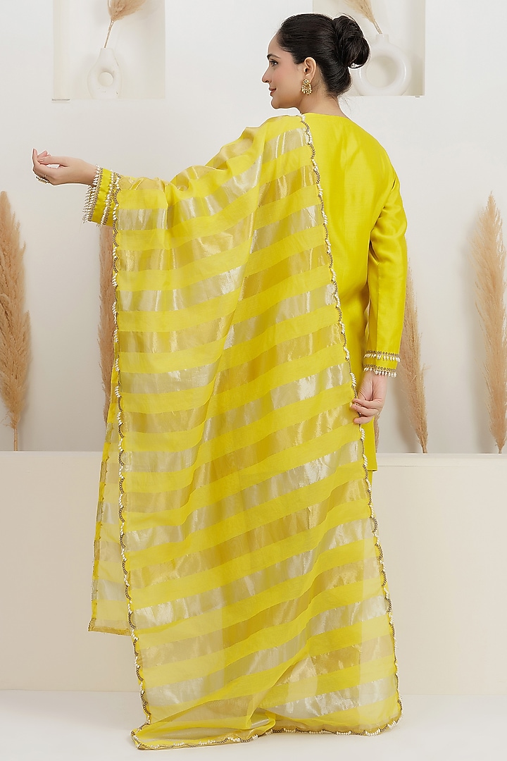  Mustard Yellow Chanderi Silk Sequins Embroidered Kurta Set  by Baidehi at Pernia's Pop Up Shop