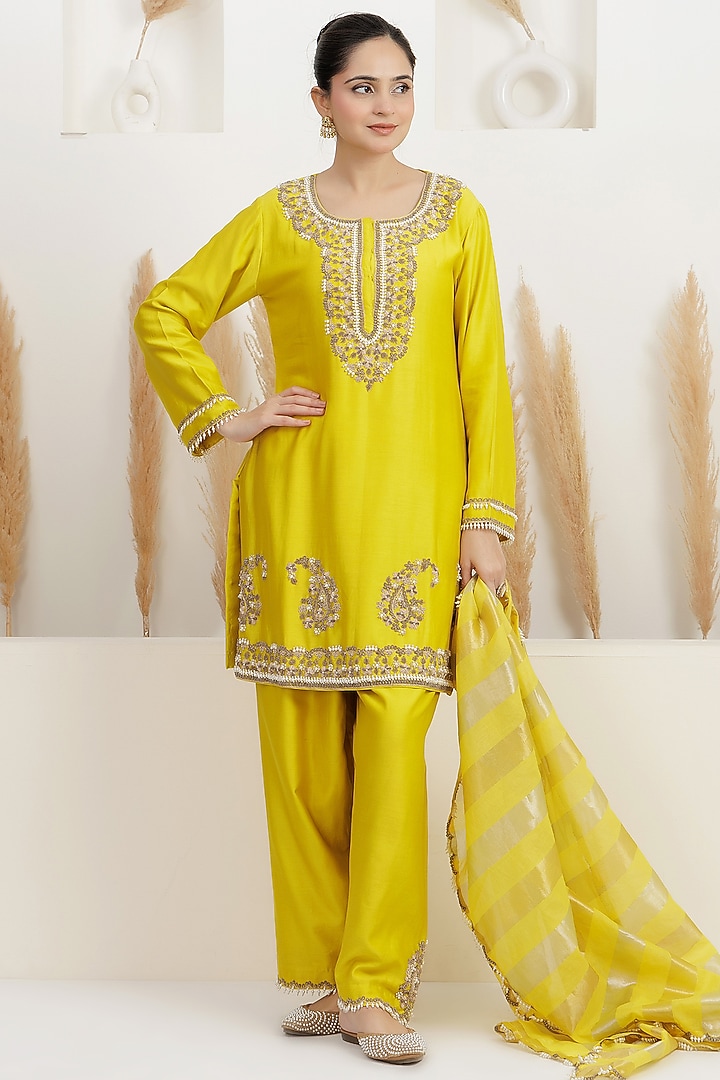  Mustard Yellow Chanderi Silk Sequins Embroidered Kurta Set  by Baidehi at Pernia's Pop Up Shop