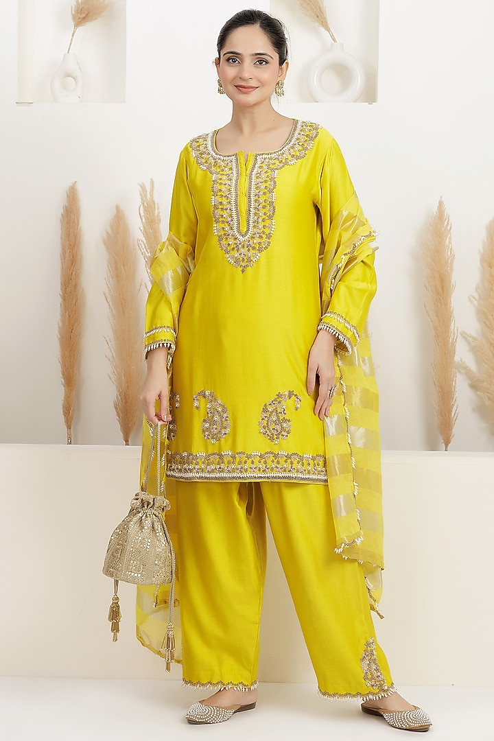  Mustard Yellow Chanderi Silk Sequins Embroidered Kurta Set  by Baidehi at Pernia's Pop Up Shop