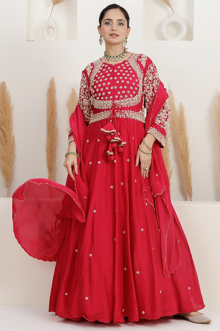 Fuchsia Pink Dupion Silk Cutdana Embroidered Wedding Anarkali Set by Baidehi at Pernia's Pop Up Shop