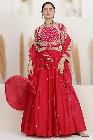  Fuchsia Pink Dupion Silk Cutdana Embroidered Anarkali Set  by Baidehi