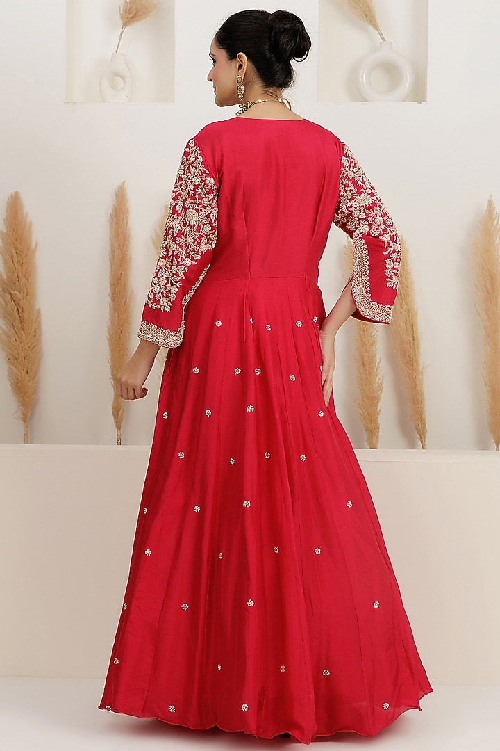 Fuchsia Pink Dupion Silk Cutdana Embroidered Wedding Anarkali Set  by Baidehi at Pernia's Pop Up Shop
