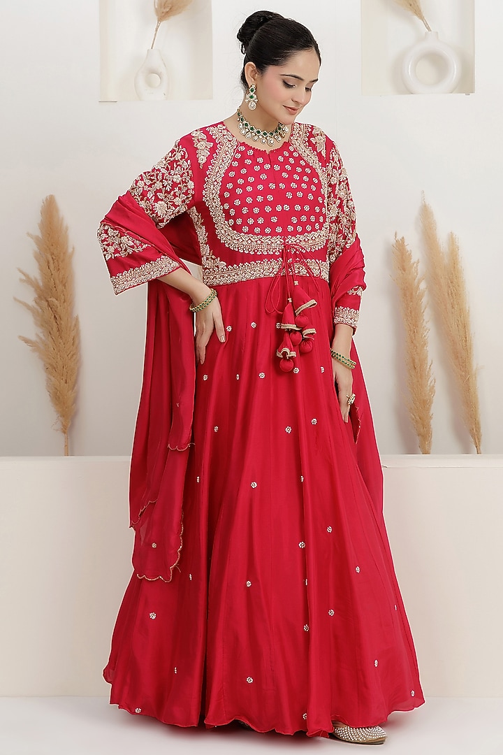 Fuchsia Pink Dupion Silk Cutdana Embroidered Wedding Anarkali Set  by Baidehi at Pernia's Pop Up Shop