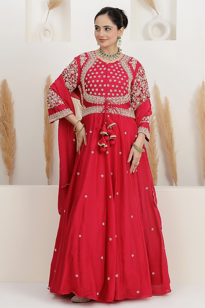  Fuchsia Pink Dupion Silk Cutdana Embroidered Wedding Anarkali Set  by Baidehi at Pernia's Pop Up Shop