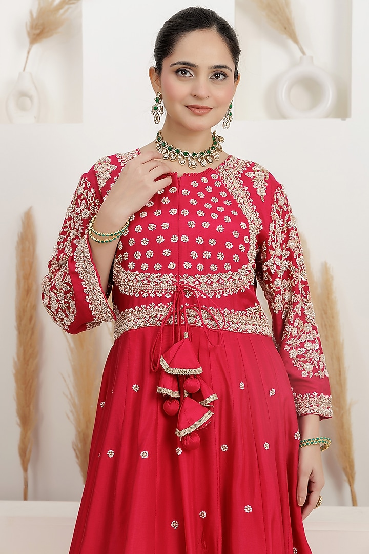  Fuchsia Pink Dupion Silk Cutdana Embroidered Wedding Anarkali Set  by Baidehi at Pernia's Pop Up Shop