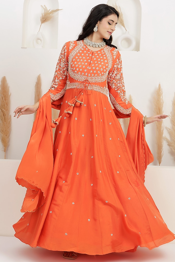  Blaze Rust Dupion Silk Cutdana Embroidered Wedding Anarkali Set  by Baidehi at Pernia's Pop Up Shop