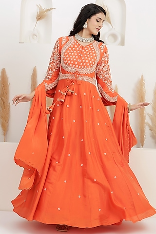  Blaze Rust Dupion Silk Cutdana Embroidered Anarkali Set  by Baidehi