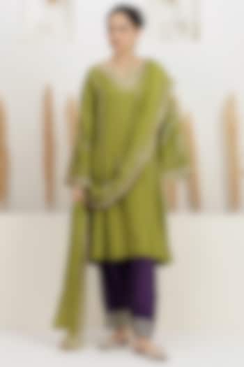 Light Olive Bemberg Silk Gota Embroidered A-Line Kurta Set by Baidehi at Pernia's Pop Up Shop