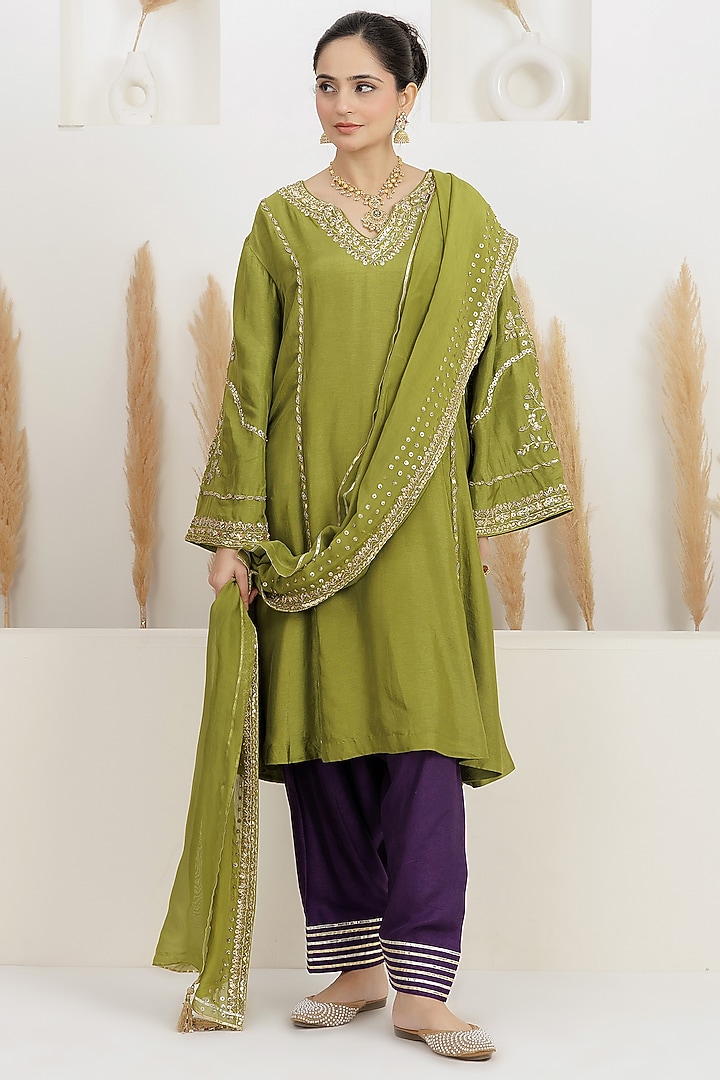 Light Olive Bemberg Silk Gota Embroidered A-Line Kurta Set by Baidehi at Pernia's Pop Up Shop