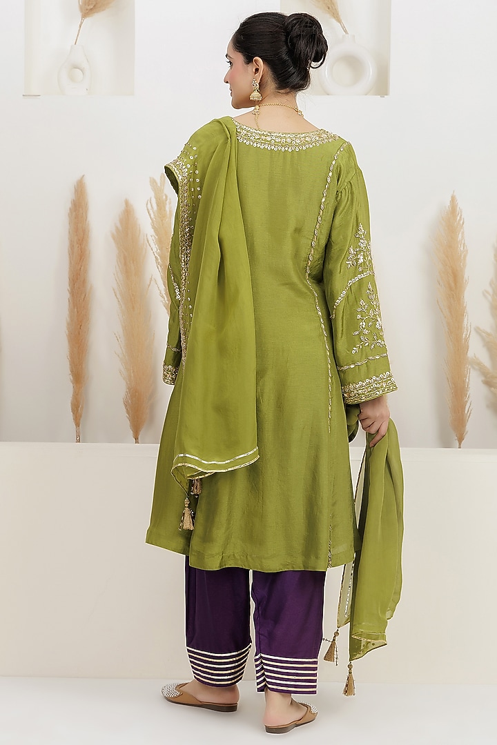 Light Olive Bemberg Silk Gota Embroidered A-Line Kurta Set by Baidehi at Pernia's Pop Up Shop