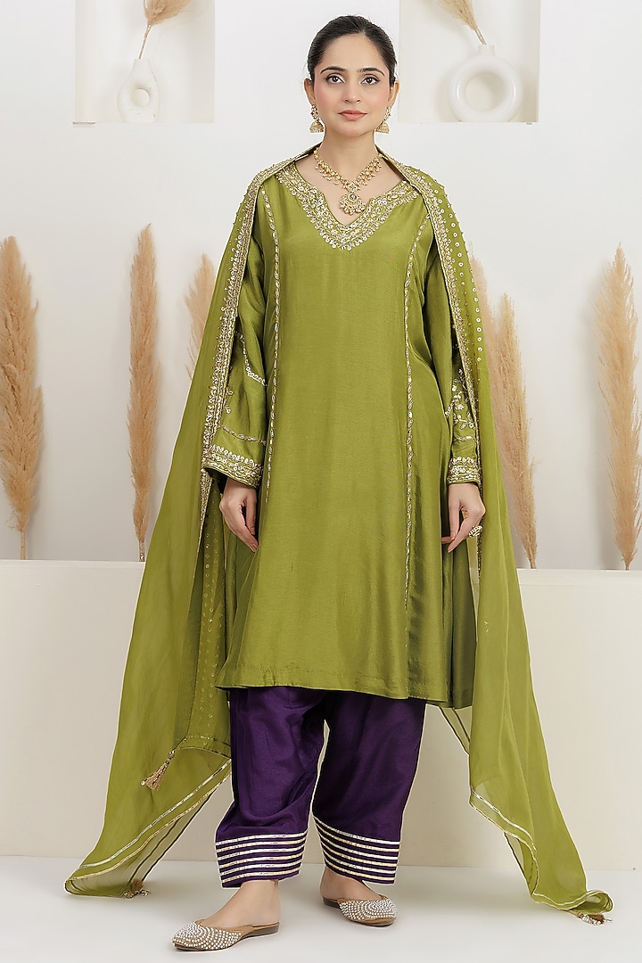 Light Olive Bemberg Silk Gota Embroidered A-Line Kurta Set by Baidehi at Pernia's Pop Up Shop