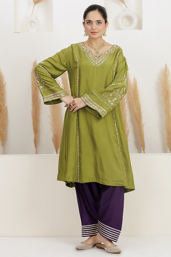 Light Olive Bemberg Silk Gota Embroidered A-Line Kurta Set by Baidehi at Pernia's Pop Up Shop