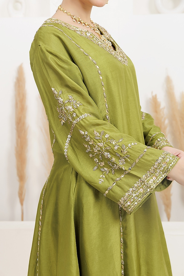 Light Olive Bemberg Silk Gota Embroidered A-Line Kurta Set by Baidehi at Pernia's Pop Up Shop