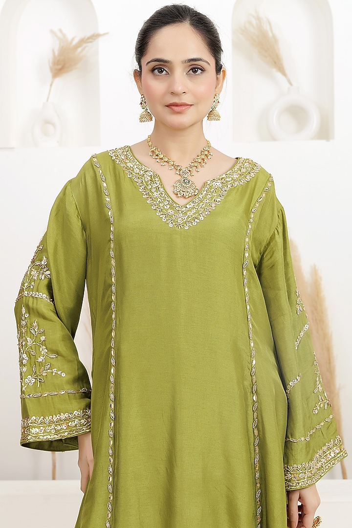 Light Olive Bemberg Silk Gota Embroidered A-Line Kurta Set by Baidehi at Pernia's Pop Up Shop