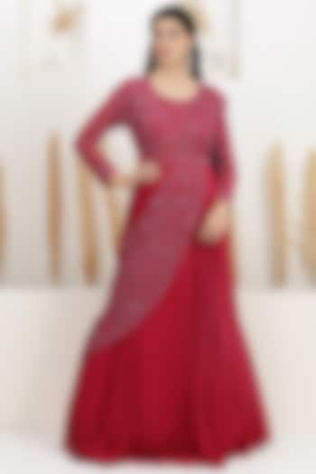 Cranberry Red Georgette Embroidered Draped Wedding Gown Saree by Baidehi at Pernia's Pop Up Shop