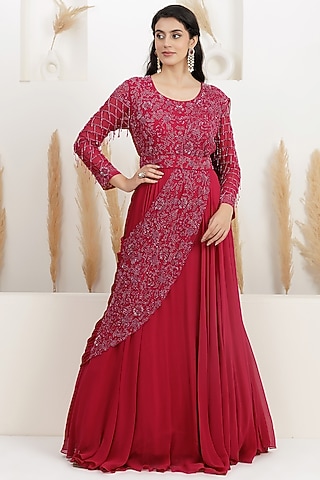 Cranberry Red Georgette Embroidered Draped Gown Saree by Baidehi