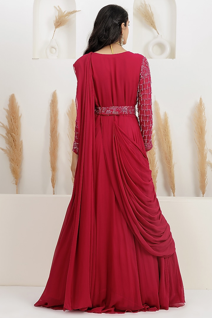 Cranberry Red Georgette Embroidered Draped Wedding Gown Saree by Baidehi at Pernia's Pop Up Shop